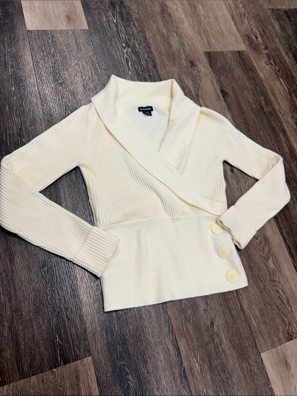 le chateau White Ribbed Wrap Sweater with Side Buttons